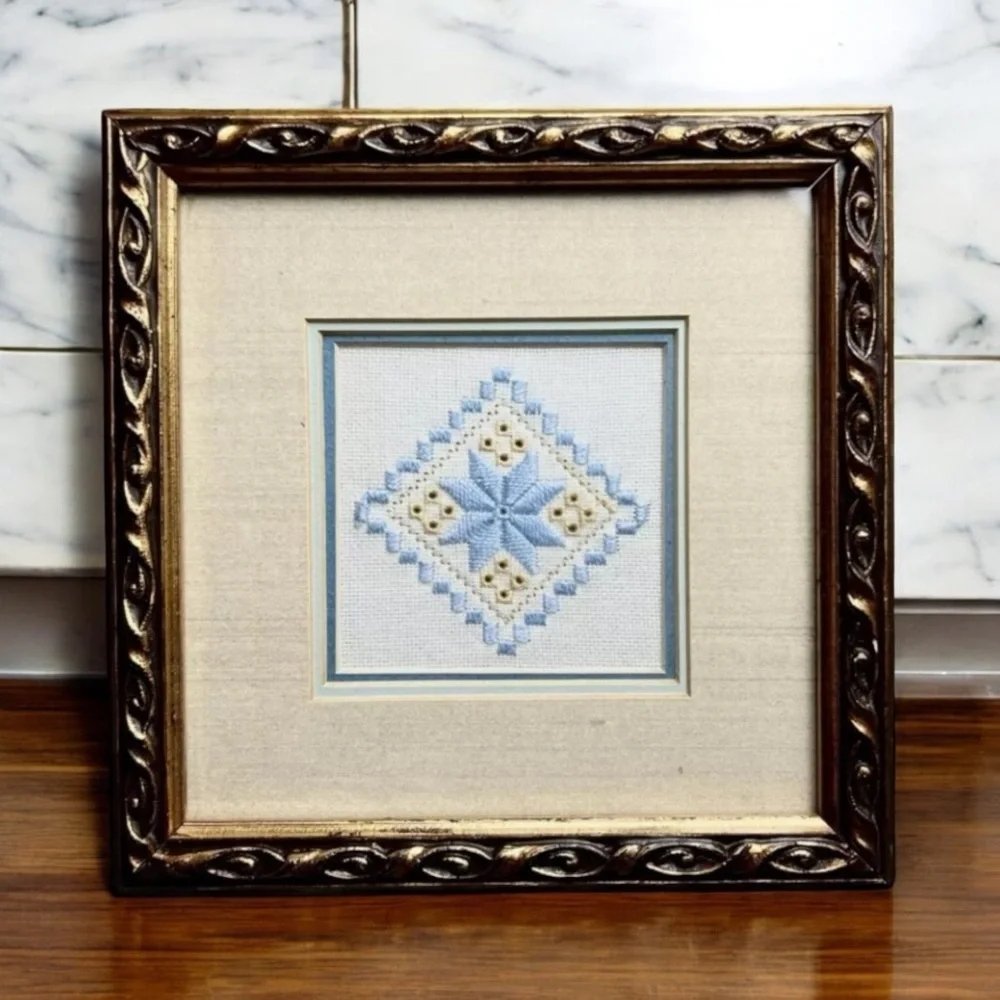 Hardanger Ornate Gold Framed Doily Handmade BlueWhite Norway Embroidery Wall Art